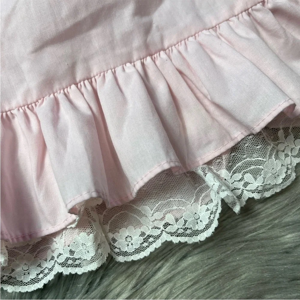 Vintage Polly Flinders Girls Pink White Smocked Ruffle Lace Dress